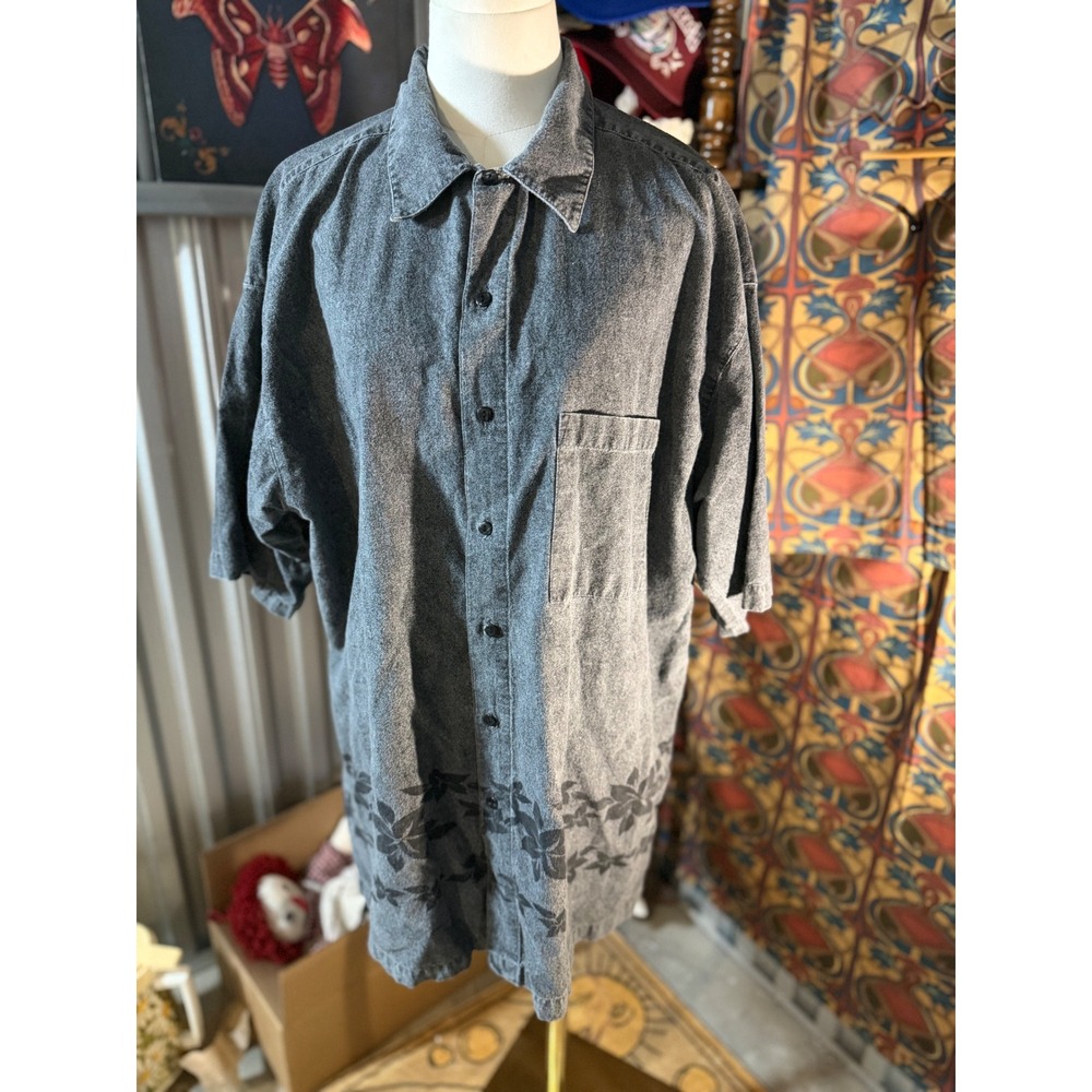 Bert Pulitzer Mens XL Charcoal Grey Cotton Floral Border‎ Short Sleeve Shirt 182